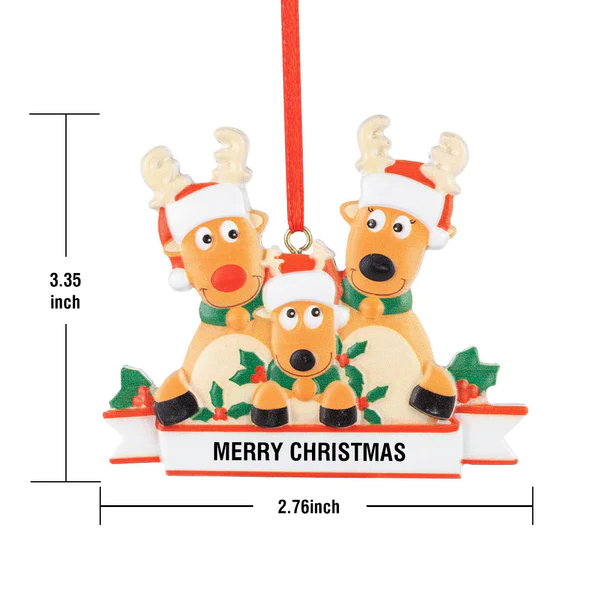 Personalized Reindeer Family Christmas Ornament with Merry Christmas text, resin decoration for holiday gift.