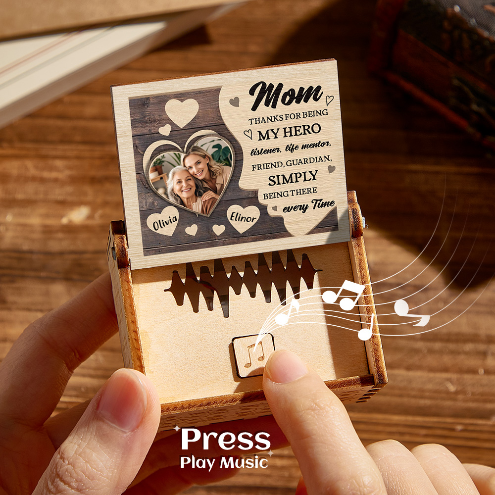 Personalized wooden music box for Mom, custom photo and heart design, sentimental gift