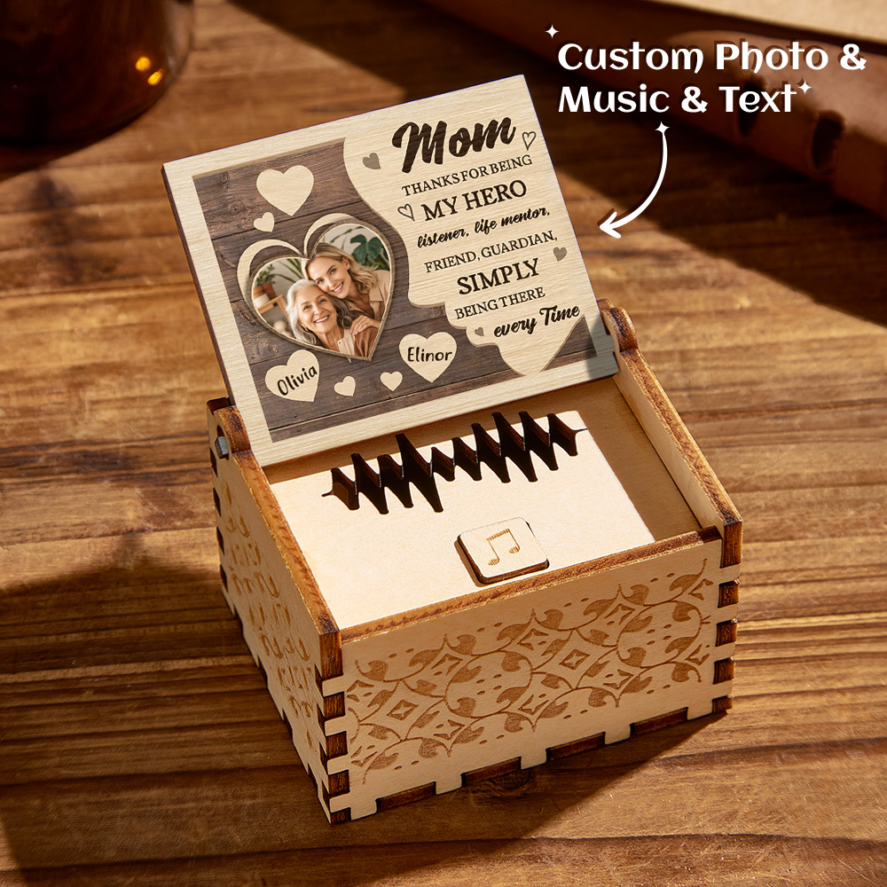 Personalized wooden photo music box for Mom, custom heart design, sentimental gift.