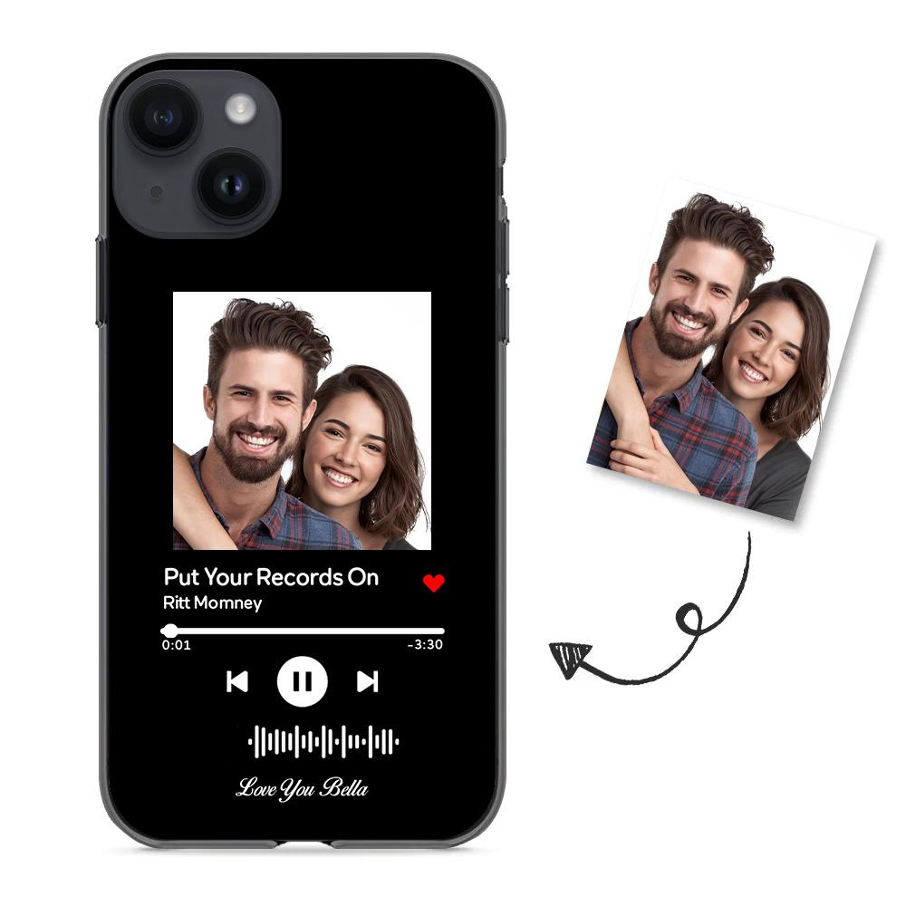 Custom black glass iPhone case with couple photo and "Put Your Records On" music code. Personalized gift.