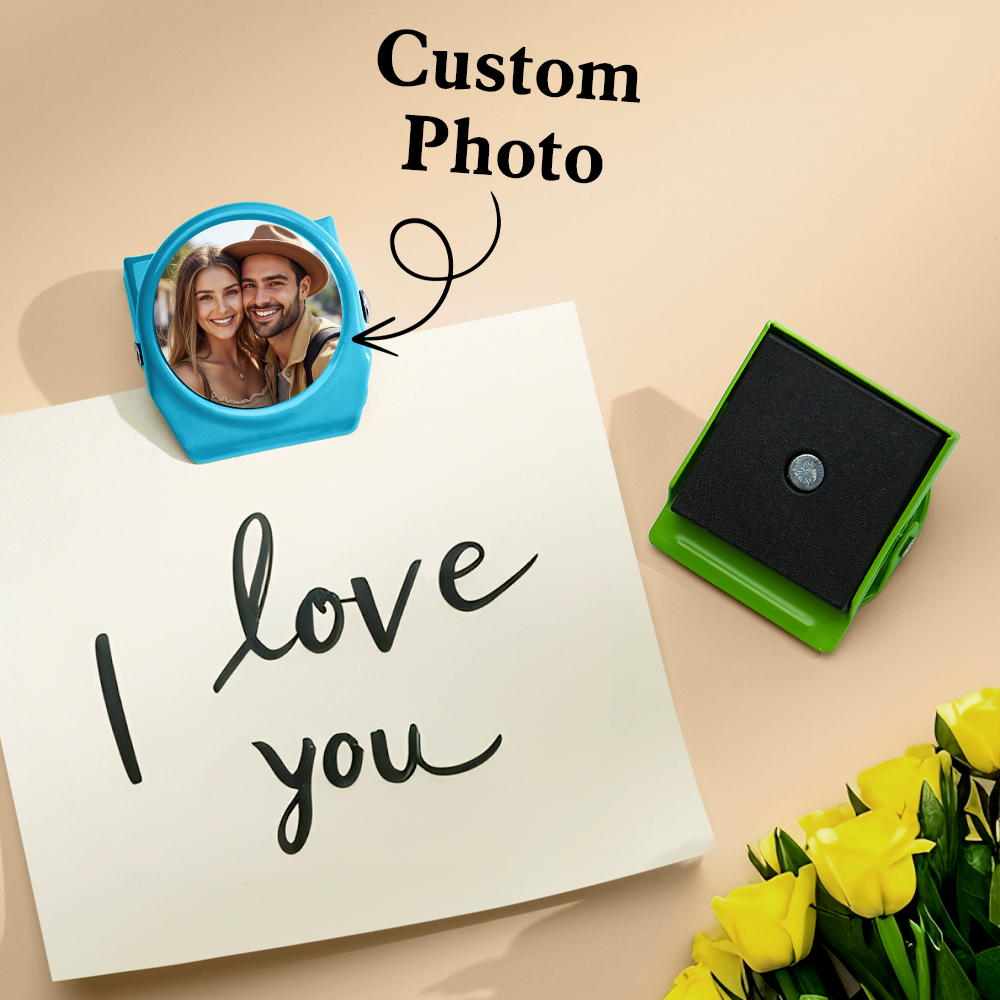 Personalized metal magnetic clip with photo, 'I love you' note, in blue, green and yellow.