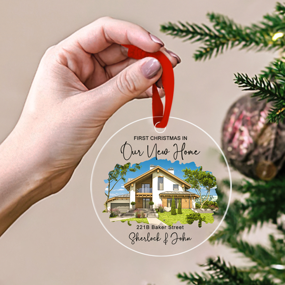 Personalized house ornament with photo, watercolor house portrait, and red ribbon