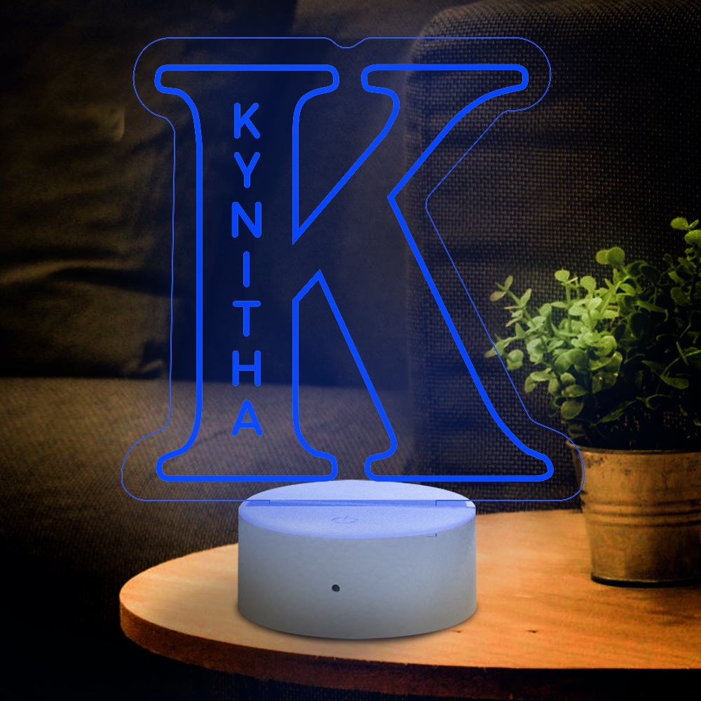 Custom 'K' LED night light with 'KYNITH' name, acrylic lamp with USB port, ideal home decor gift.