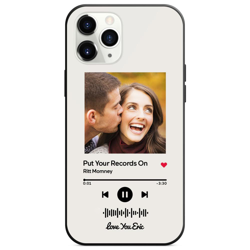 Custom white glass iPhone case with couple photo, scannable music code, song: Put Your Records On, personalized gift.