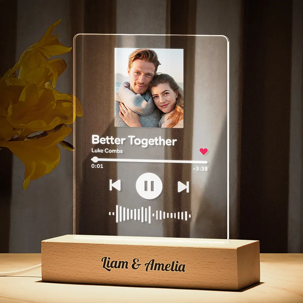 Custom song plaque night light with photo, acrylic and wooden base, engraved song title and artist.