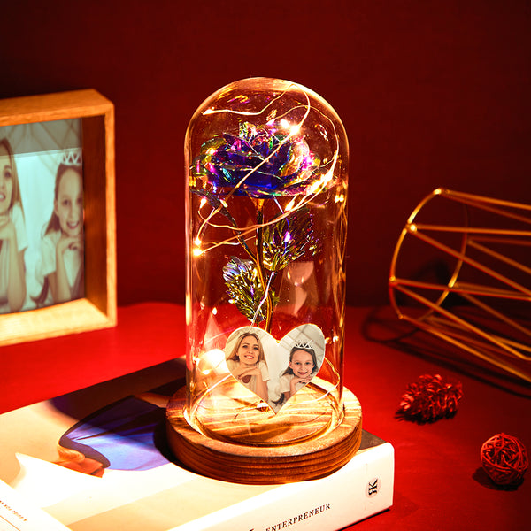 Custom heart-shaped photo LED night light with eternal roses in glass dome, a romantic gift.