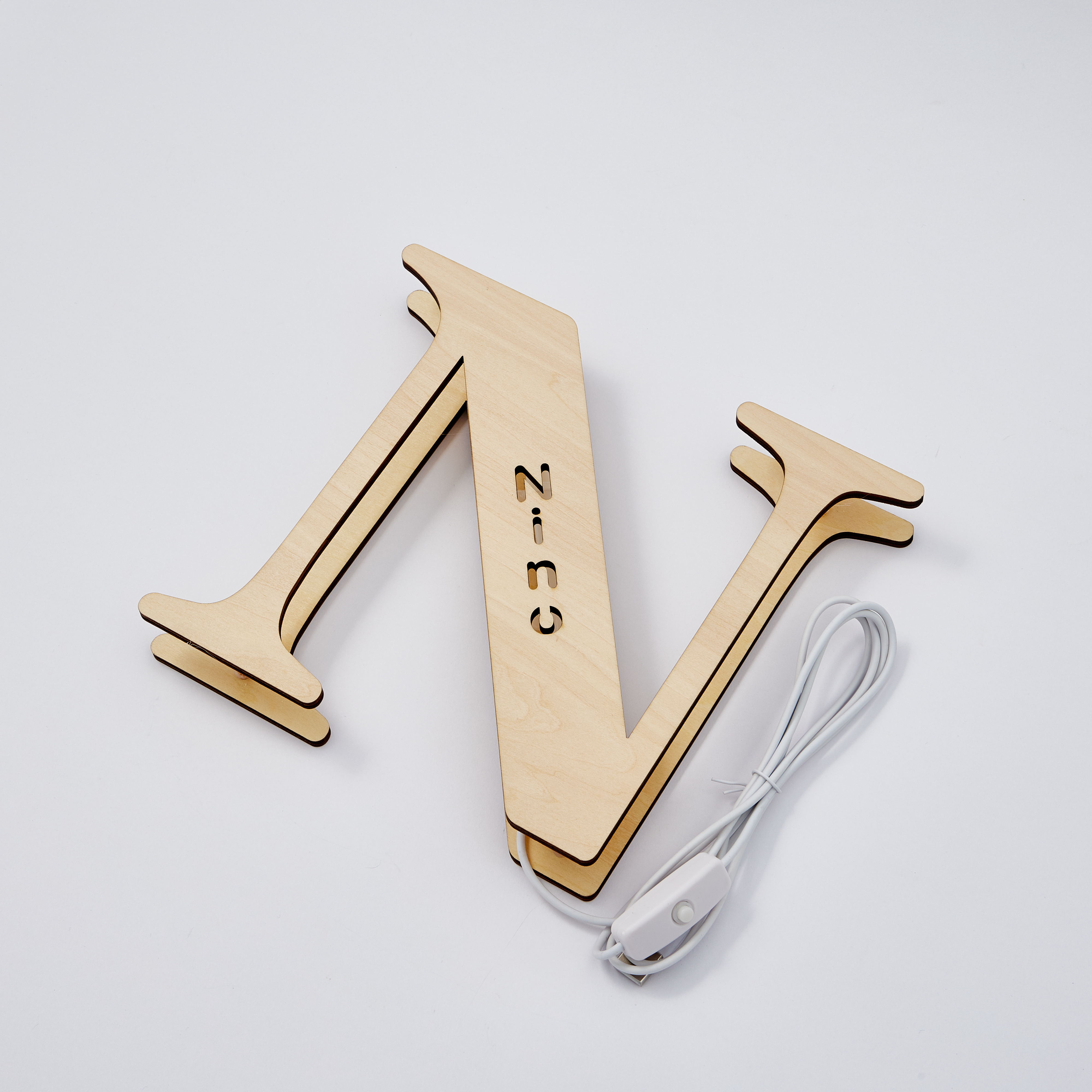 Personalized wooden letter N night light, custom name alphabet design, warm glow, 19CM