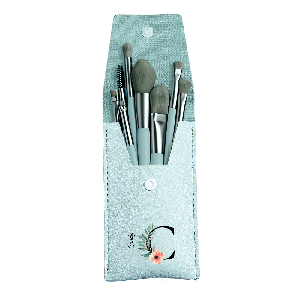 Light blue PU leather makeup brush bag with 8 brushes, a personalized gift for her.