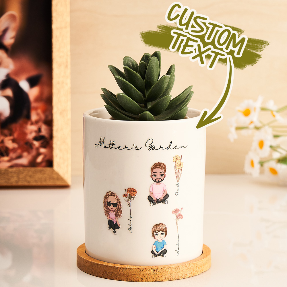 Personalized ceramic plant pot with cartoon figures and 'Mother's Garden', customizable gift for Mom.