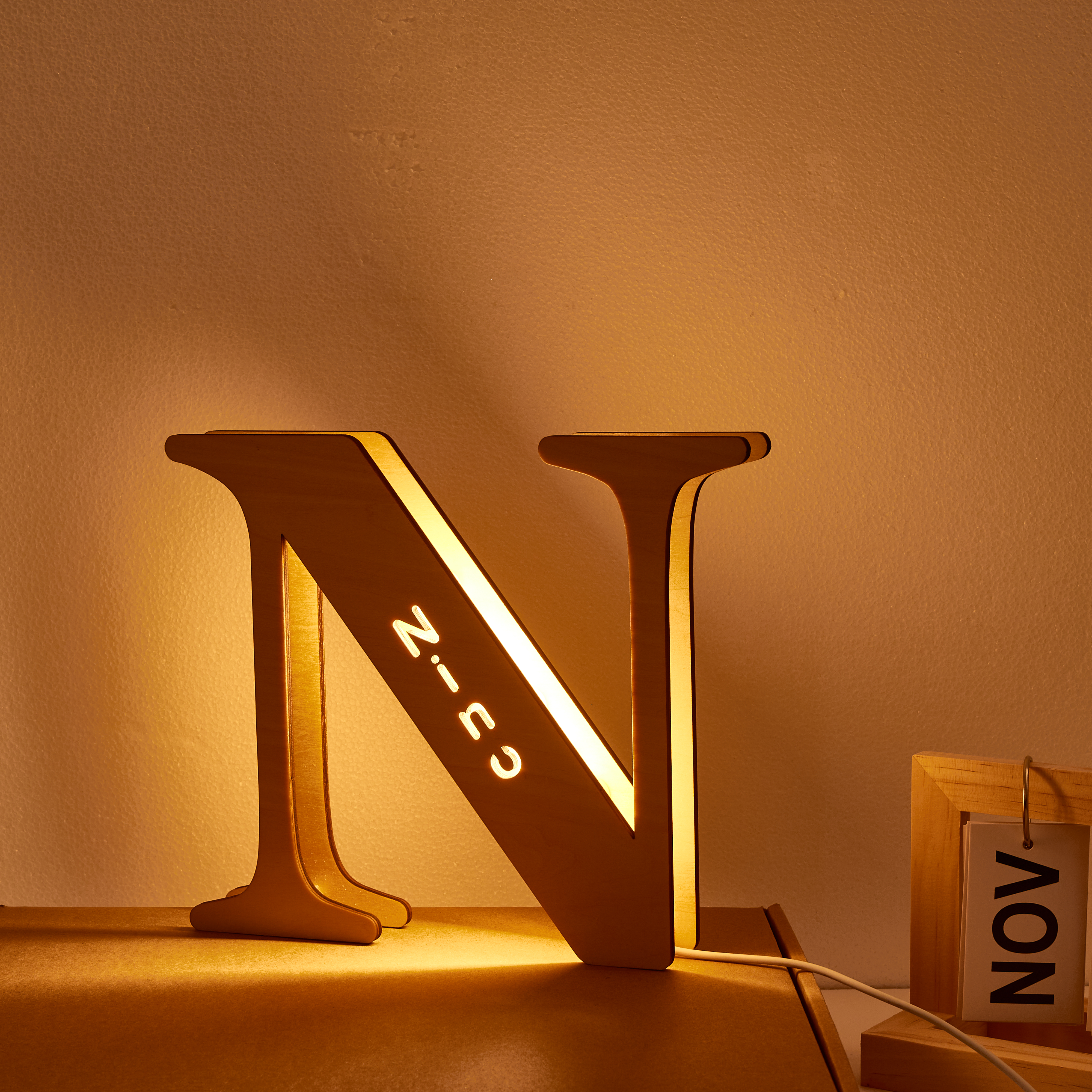 Personalized Wooden Letter "N" Night Light, Custom Name Engraved, Warm Glow, 19CM