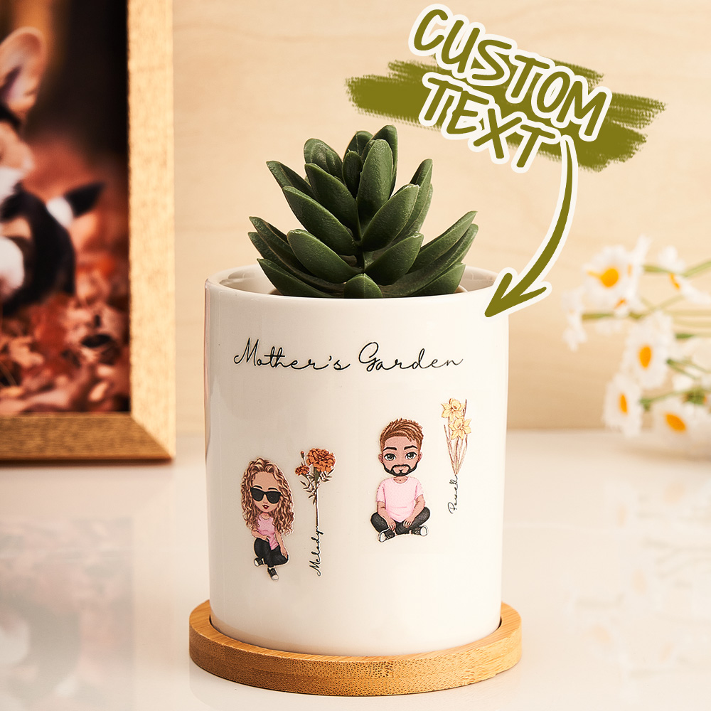 Customizable ceramic plant pot gift for Mom or Grandma with cartoon figures and 'Mother's Garden'.