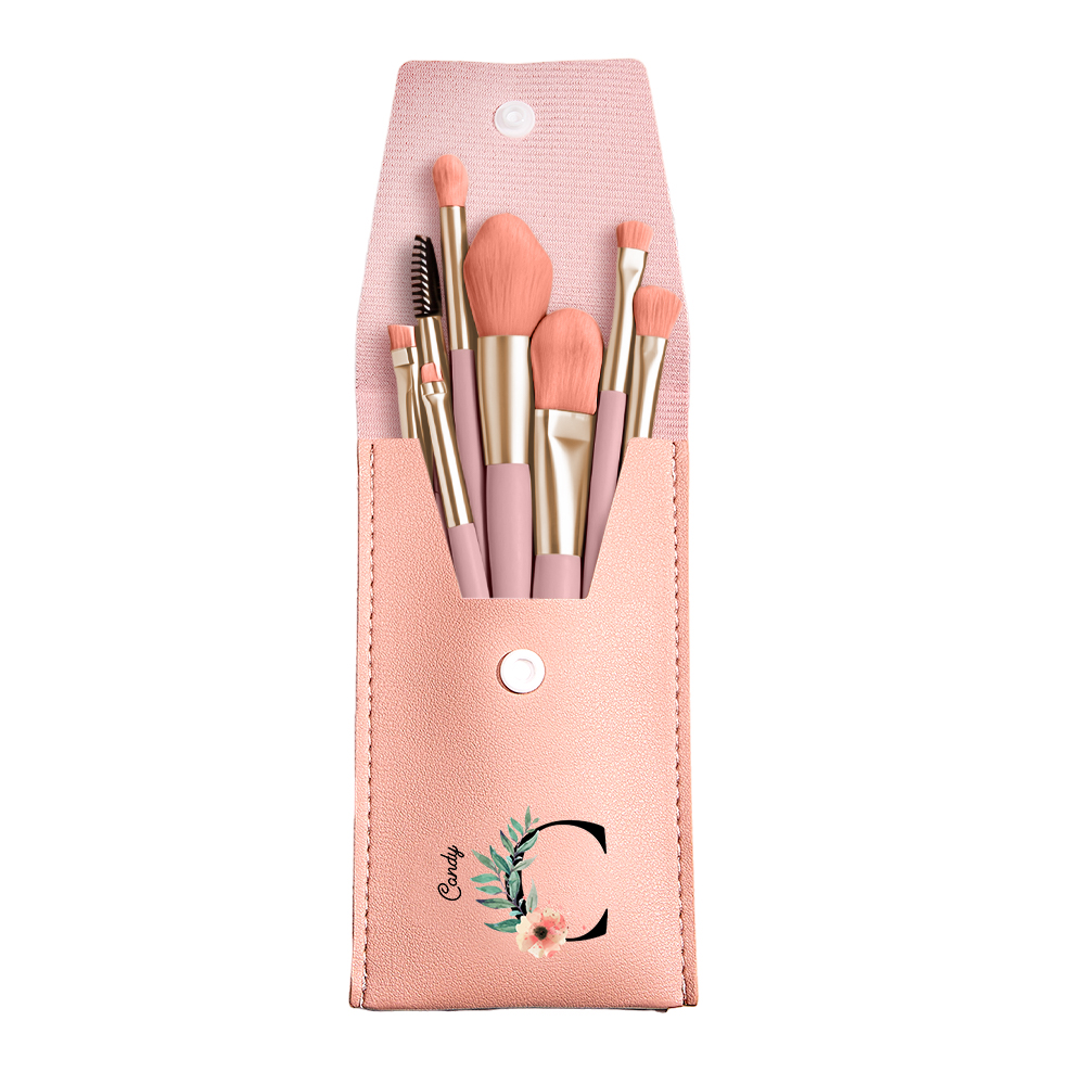 Light pink PU leather makeup brush bag set with 8 brushes, personalized gift for her