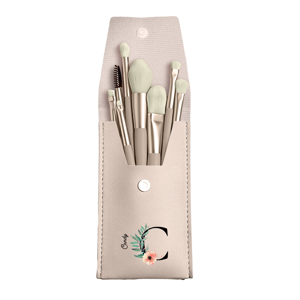 Beige PU leather makeup brush bag with flower design and 8 makeup brushes, a personalized gift for her.