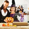 Custom Halloween photo music song plaque night light with scannable code and wooden base featuring couple in costumes.