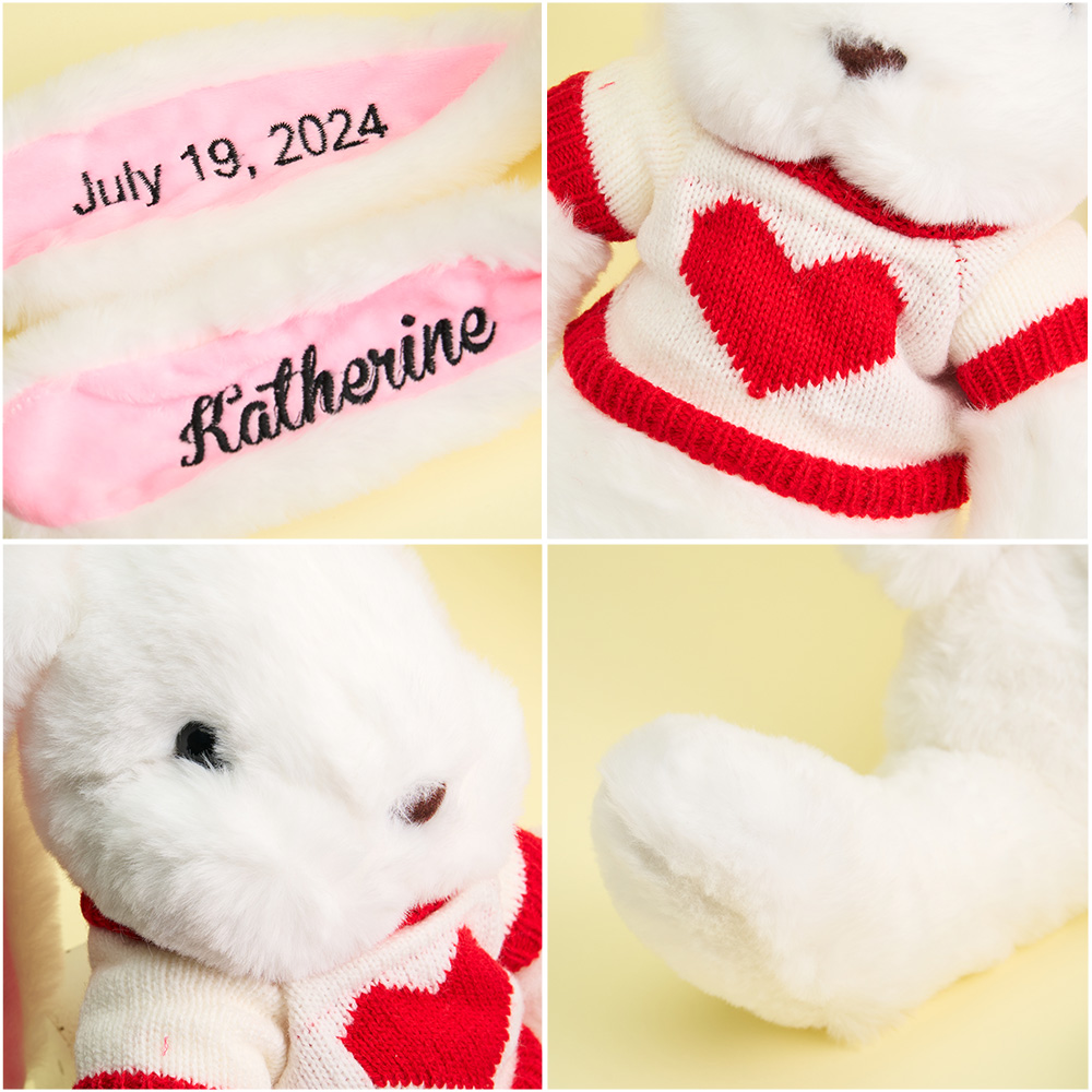 Personalized white bunny plush toy with embroidered name and date, red heart sweater, custom gift for children