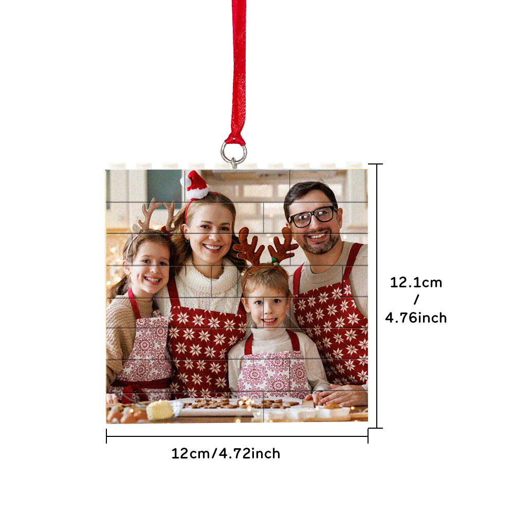 Personalized family photo Christmas ornament, square brick puzzle design, festive holiday decor