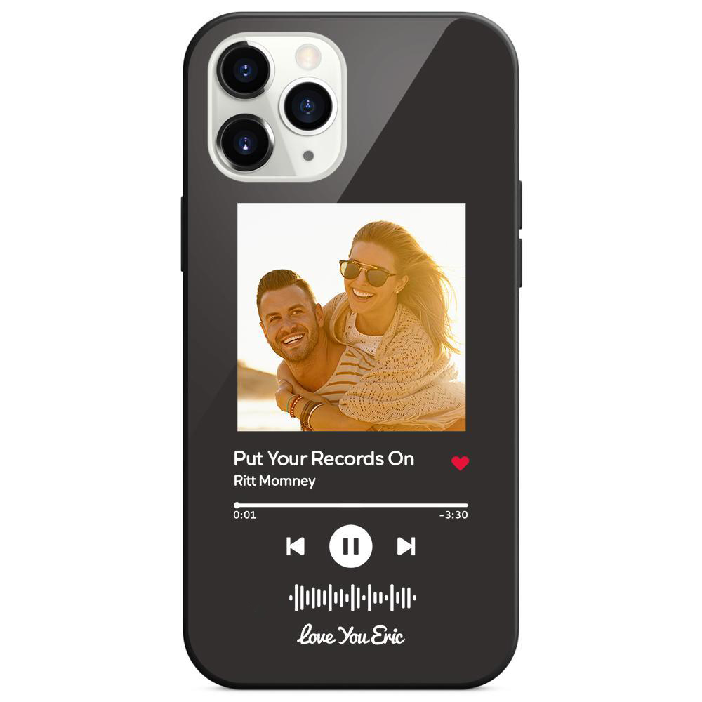 Custom black glass iPhone case with couple photo and scannable music code, personalized music gift