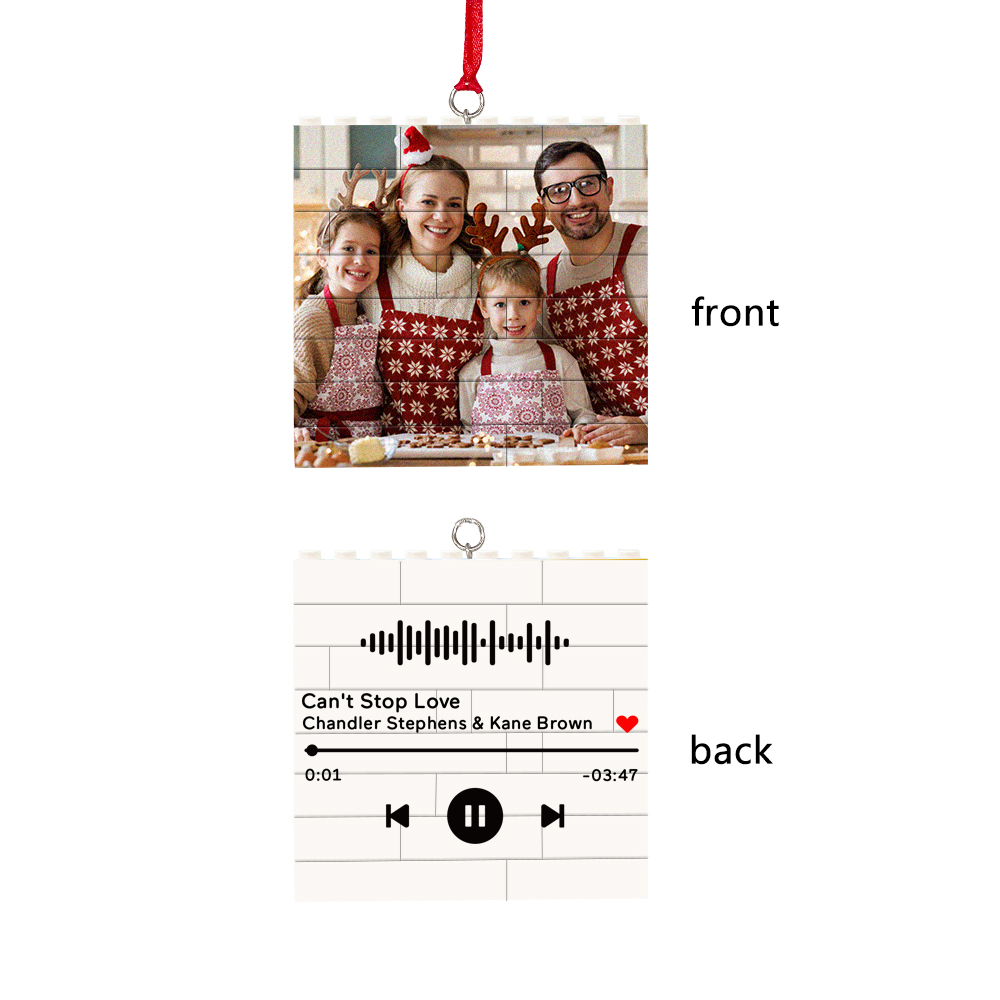 Personalized Christmas Ornament with Family Photo and Song Design - Square Brick Block
