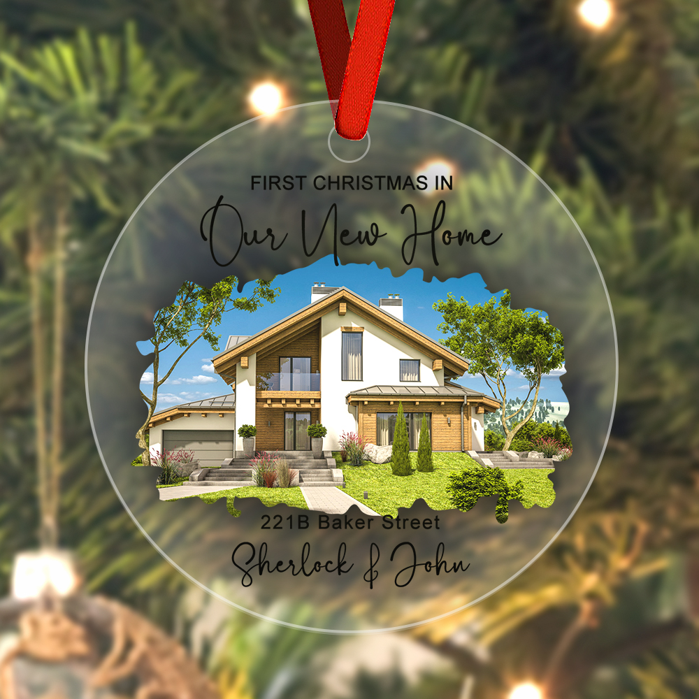 Custom New Home Photo Ornament - Acrylic housewarming gift with house photo & red ribbon.