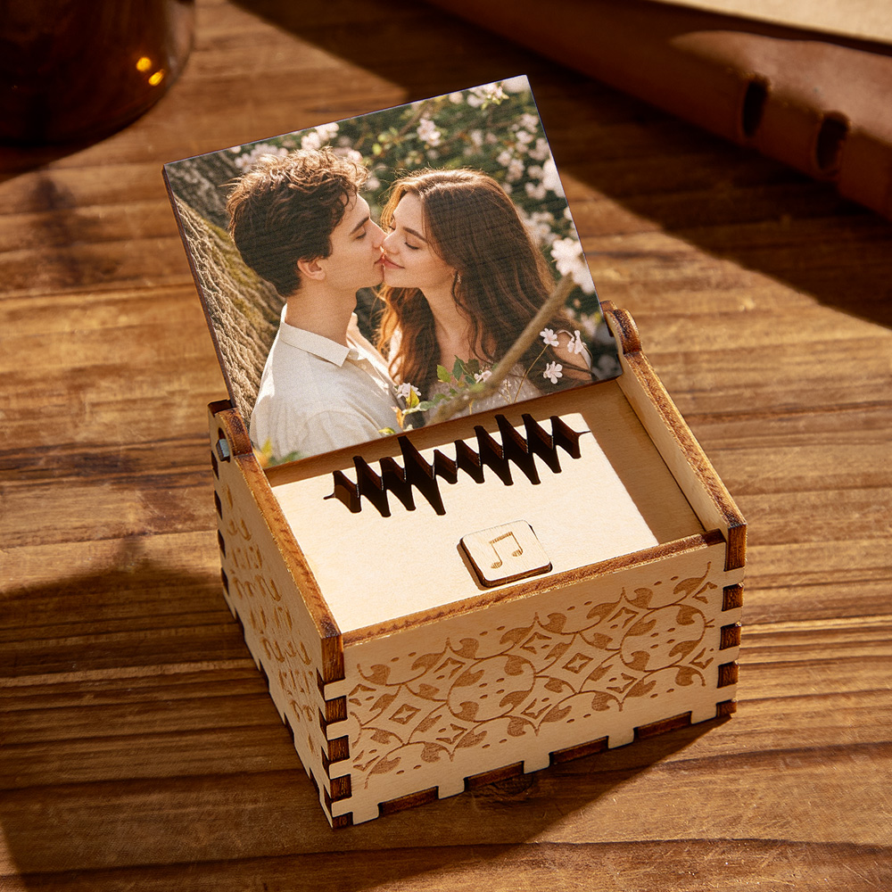Custom wooden music box with photo and song waveform, personalized anniversary gift.