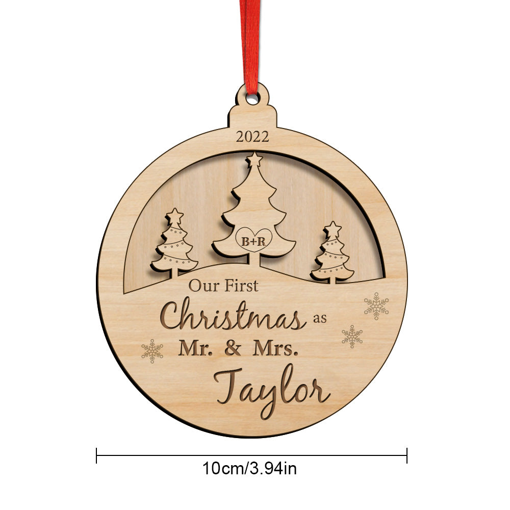 Personalized Our First Christmas ornament for newlyweds, custom names, wood.