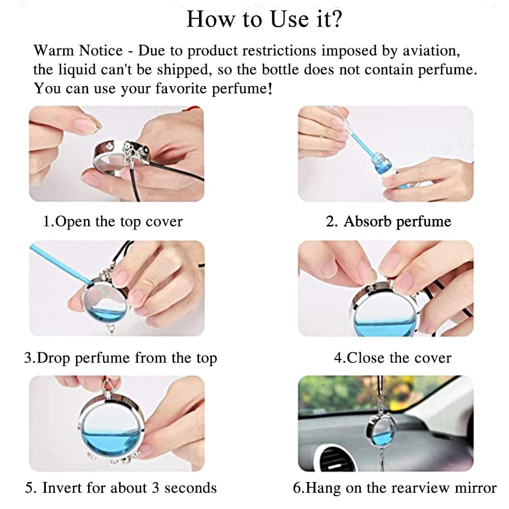 Steps to use custom photo air freshener pendant, including pouring perfume, and hanging in car.