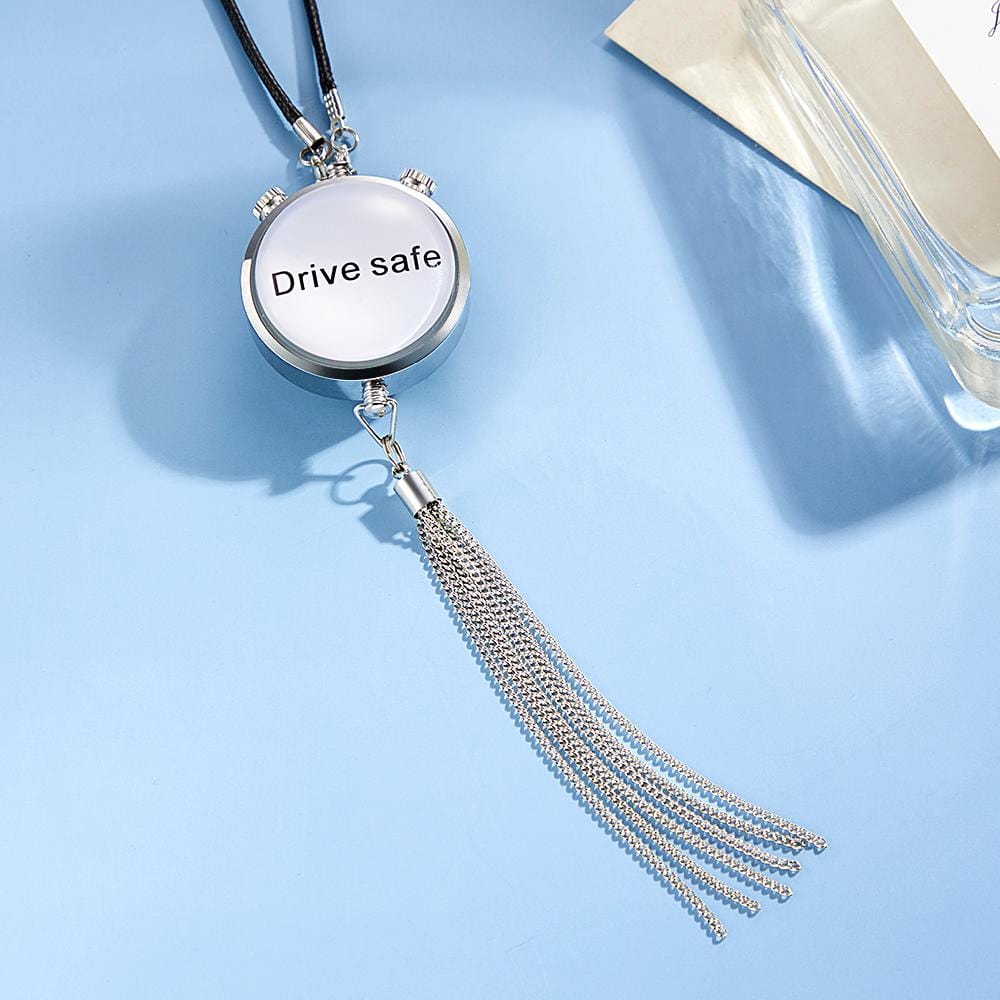Custom photo car air freshener pendant with 'Drive Safe' text, crystal design, a personalized car gift.