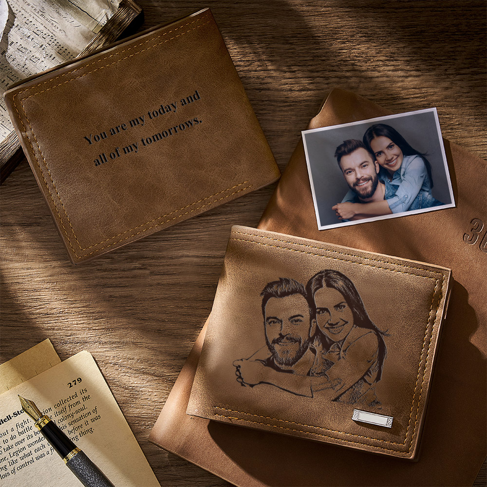 Personalized brown leather wallet with engraved photo portrait, unique memorial gift.