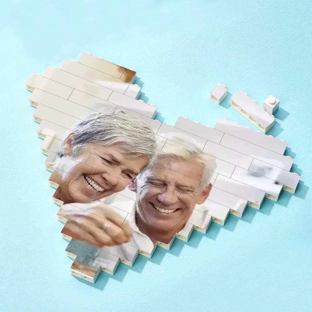 Personalized heart-shaped photo block puzzle with a couple image, white interlocking bricks, DIY gift