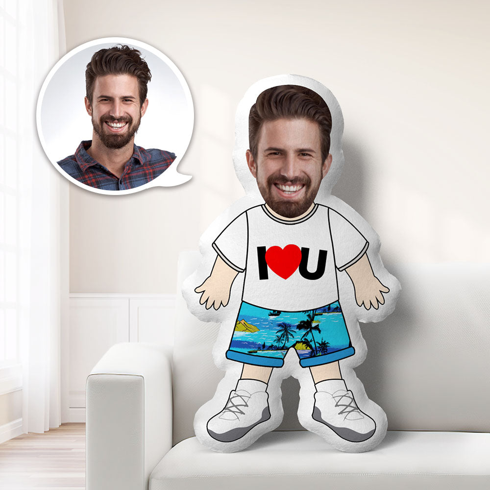 Custom Minime Pillow with man's face, I LOVE U shirt, blue shorts