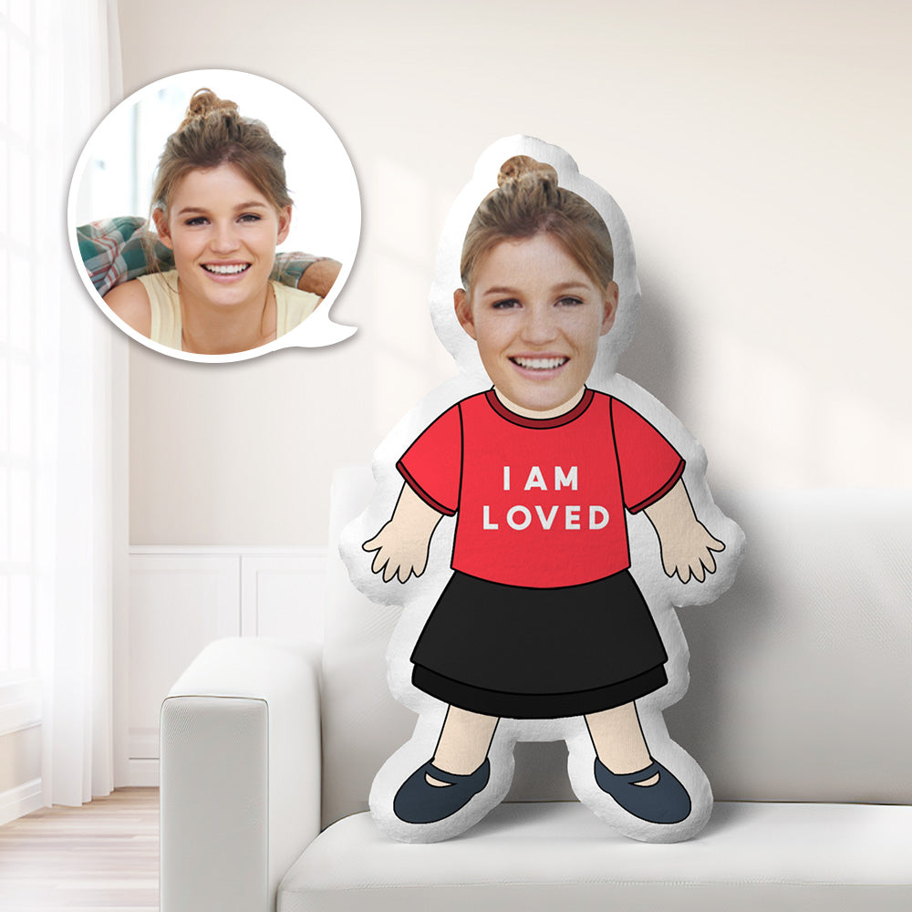 Custom Minime Pillow, personalized face with 'I AM LOVED' red t-shirt, black skirt, and shoes