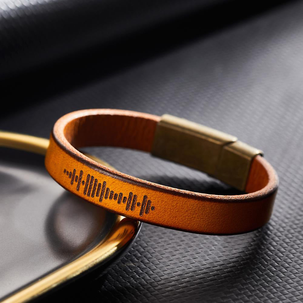 Custom engraved music code PU leather bracelet with magnetic clasp, vintage style.