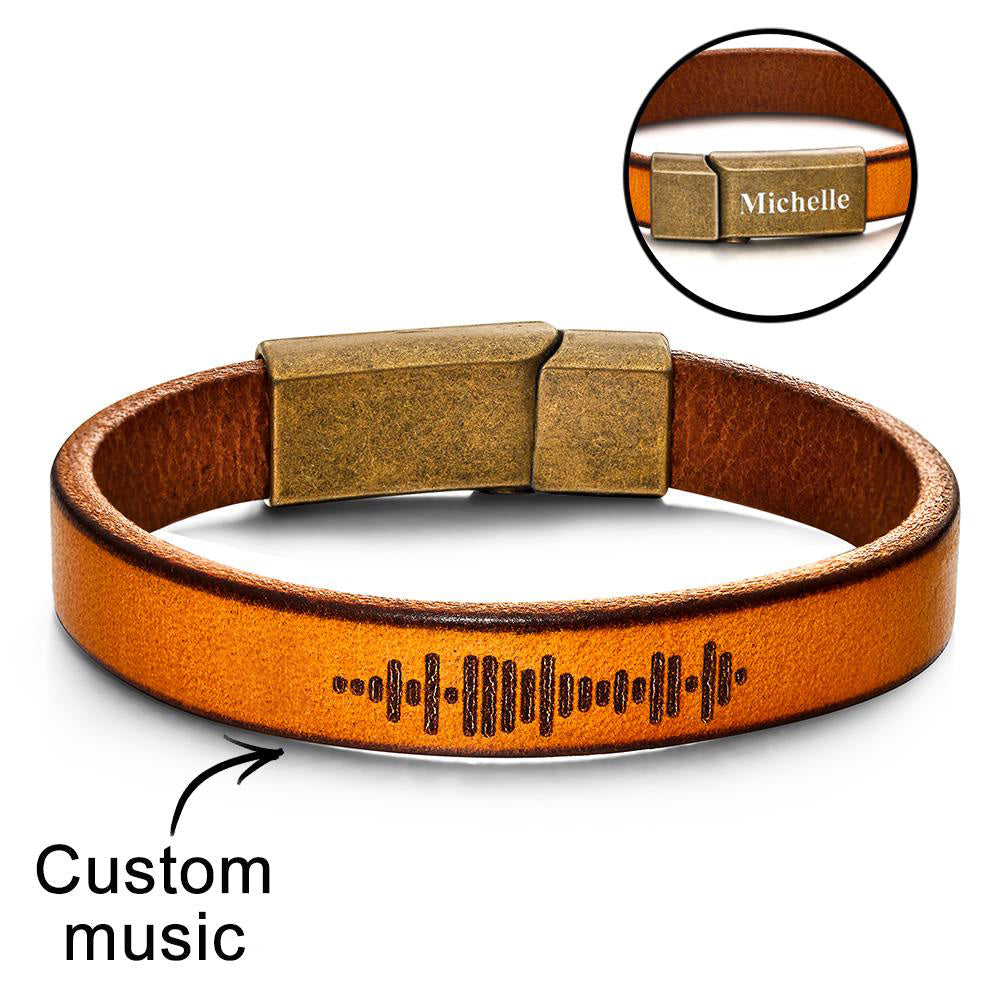 Custom music code PU leather bracelet with magnetic clasp, engraved with music code, vintage style.