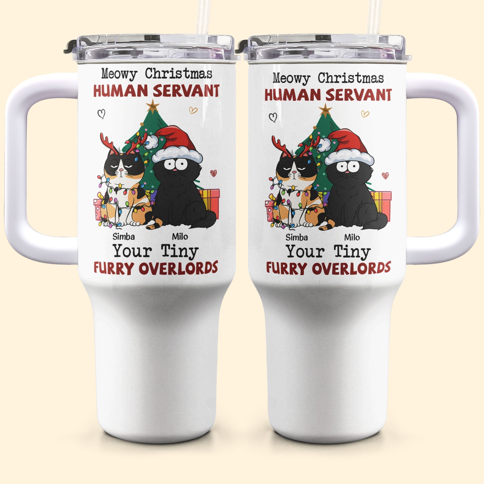 Personalized Meowy Christmas Tumblers with cat design, stainless steel, 40oz, perfect cat lover gift