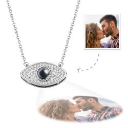 Evil eye projection necklace with custom photo for women.  Silver pendant with crystal details. Ideal gift for anniversary.