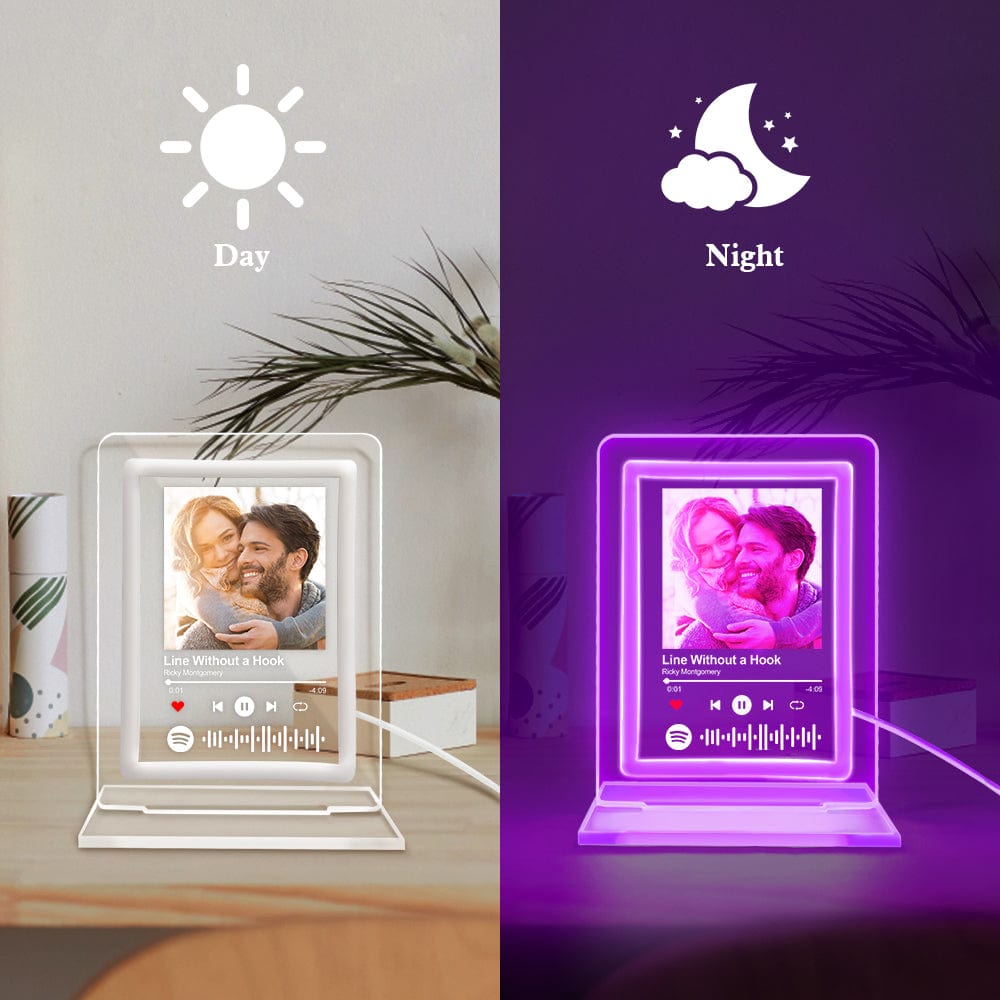 Custom Spotify Night Light with photo and song details, acrylic plaque with a romantic purple glow, perfect gift for couples.