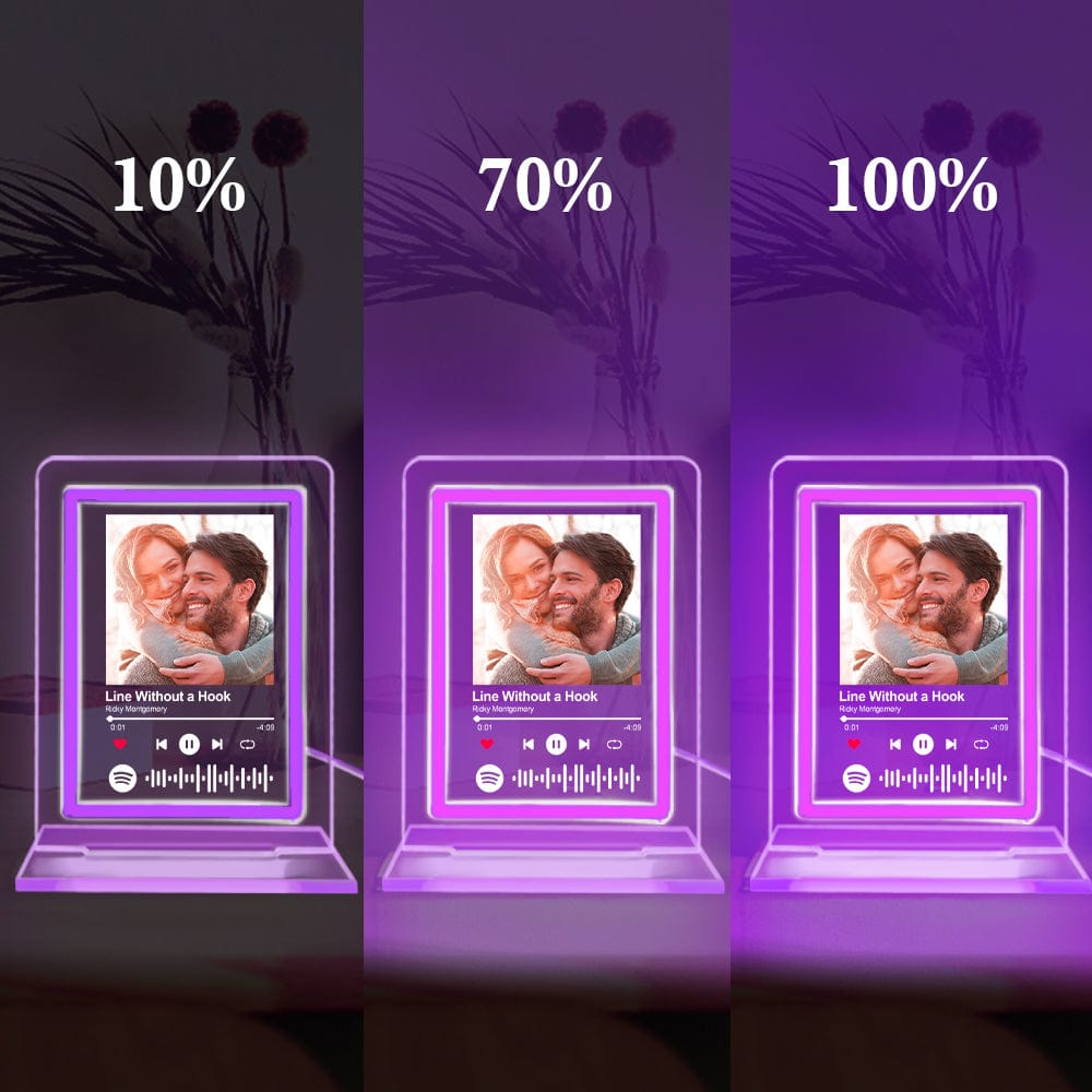 Custom Spotify Night Light dimming feature, acrylic plaque with photo, purple glow, romantic gift