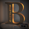 Personalized wooden letter B night light, BENJAMIN engraved, warm glow, 19CM, custom name lamp