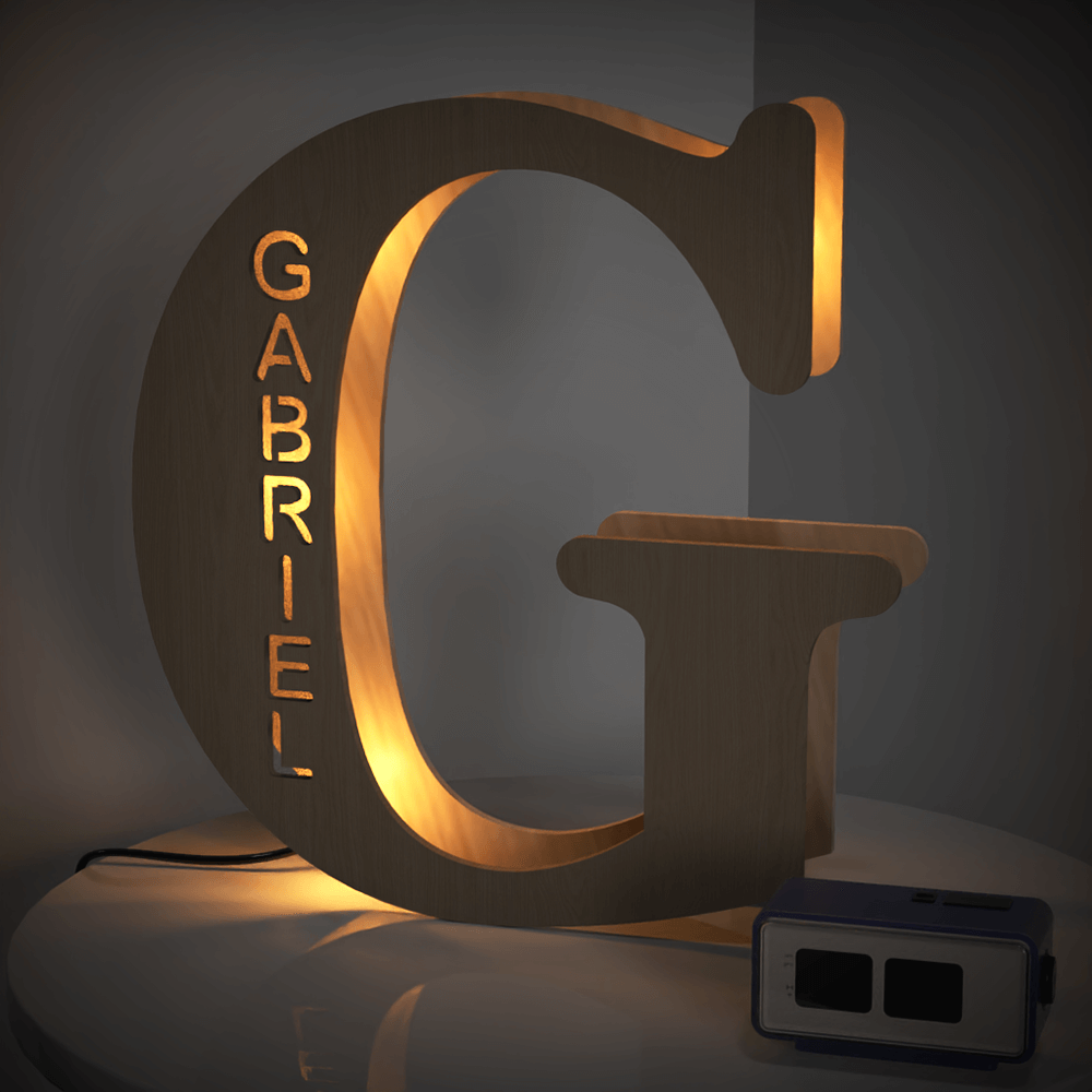 Personalized wooden letter G night light with engraved name GABRIEL, warm glow, 19CM, custom name lamp.