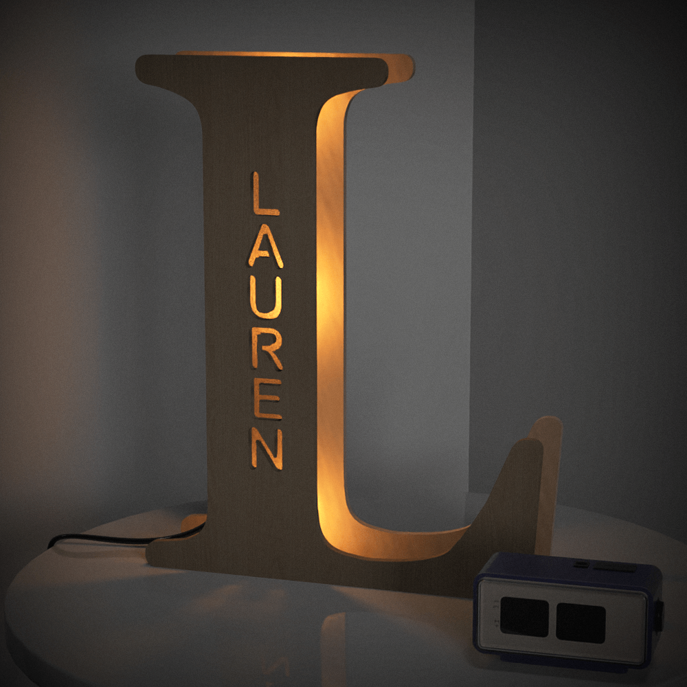 Personalized wooden letter 'L' night light with LAUREN engraved, custom name lamp, warm glow, 19CM