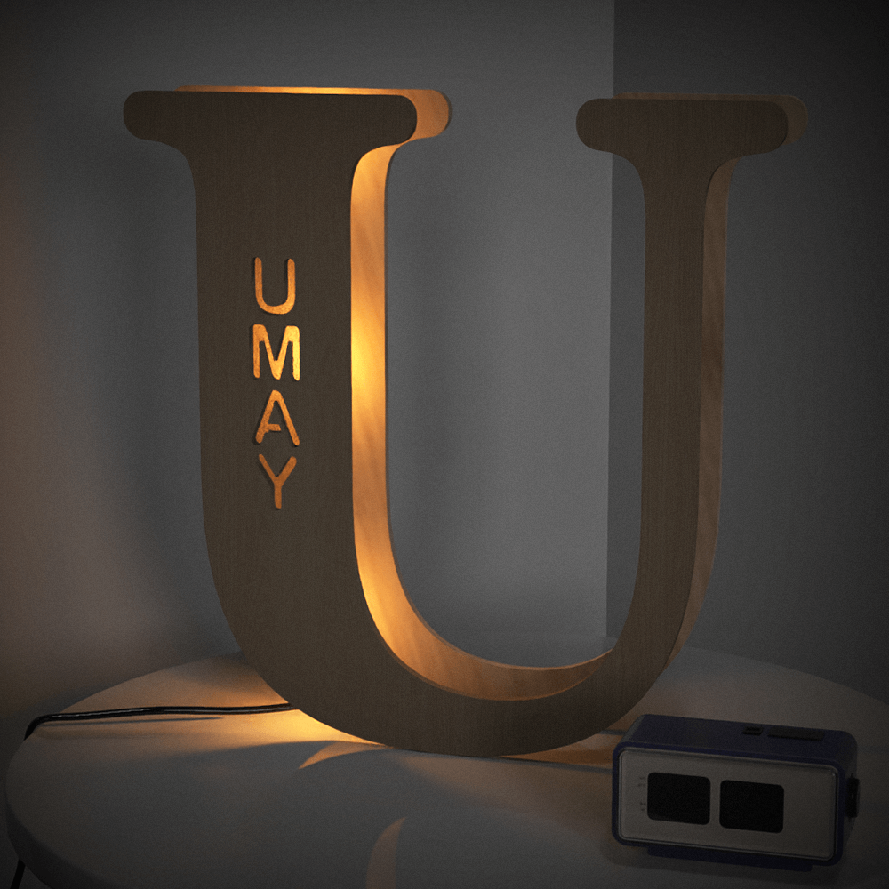 Personalized wooden letter "U" night light, custom name "UMAY", warm glow, 19CM, perfect gift.