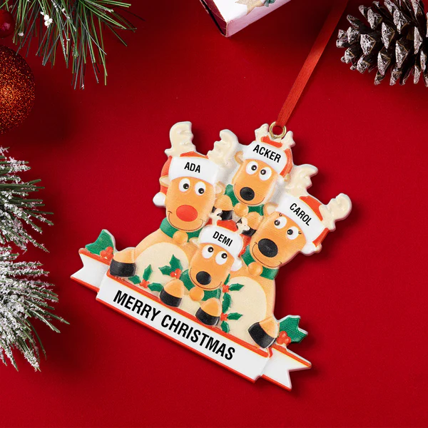 Personalized Reindeer Family Christmas Ornament with Custom Names, Resin with Merry Christmas Text