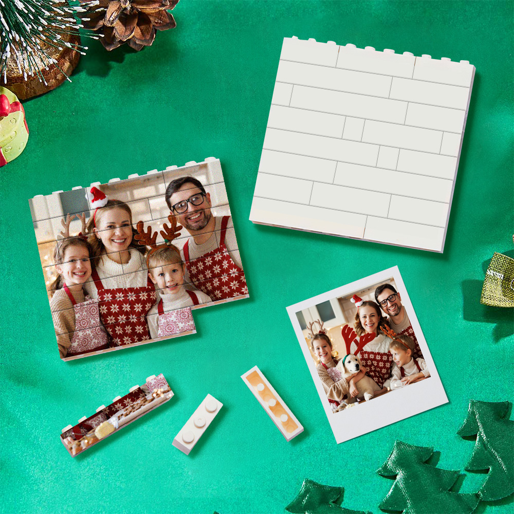 Personalized building brick photo block Christmas ornament with family photo print, square design
