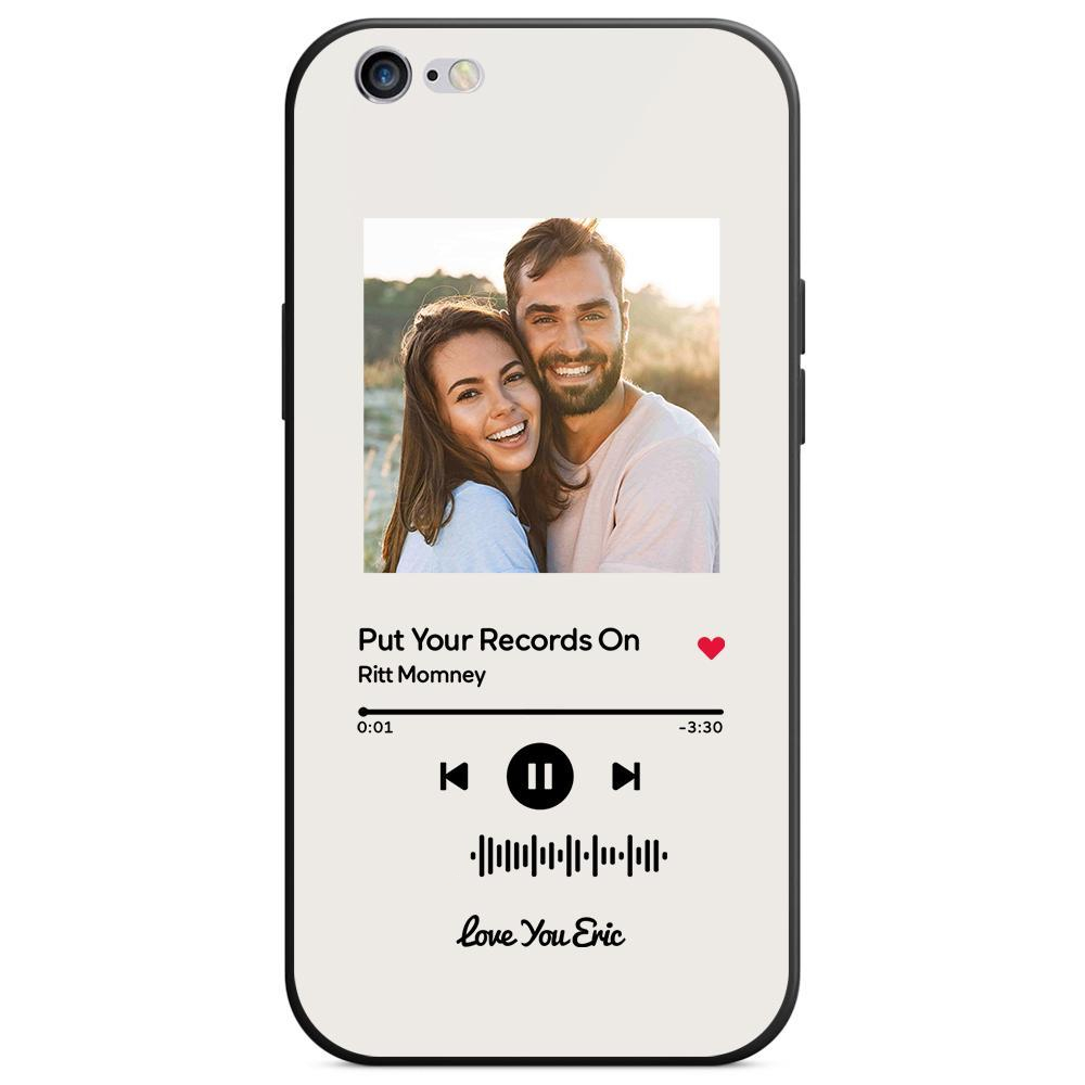Custom white iPhone case with couple photo & music code for "Put Your Records On".