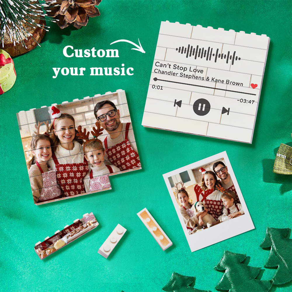 Custom photo block Christmas ornament with family images, square brick design, festive decor.
