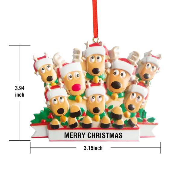 Personalized Reindeer Family Christmas Ornament with Merry Christmas Text, resin decoration, festive holiday gift.