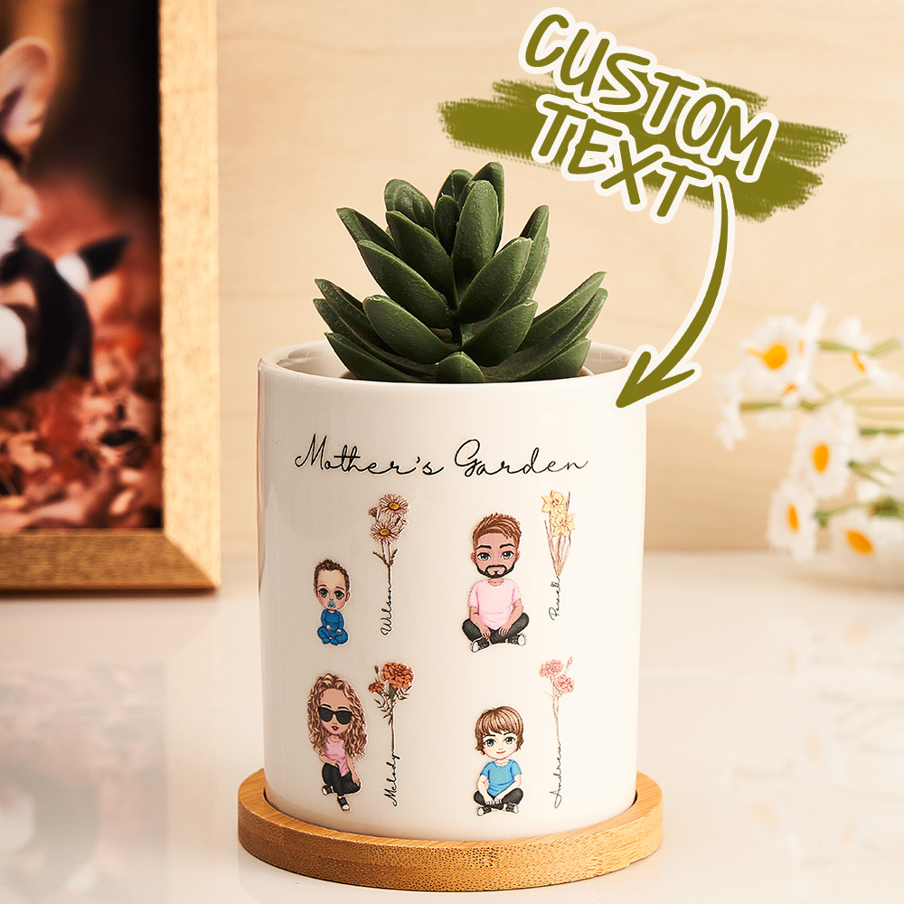 Personalized Mother's Garden ceramic pot with cartoon figures, a custom gift for Mom or Grandma.