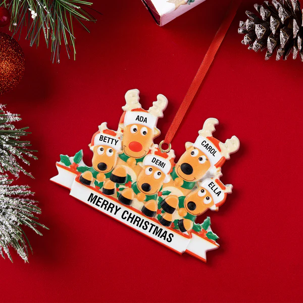 Personalized Reindeer Family Christmas Ornament with Merry Christmas text, Resin Christmas Decoration