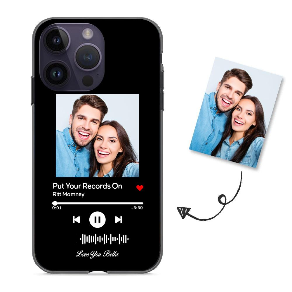 Black iPhone case with couple photo and 'Put Your Records On' music code.