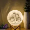 Custom 3D printed moon lamp with family photo, perfect Christmas gift. Features a warm light and wooden base for home decor.